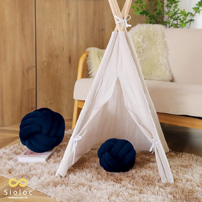 Sioloc Soft Knot Ball Pillows,Round Throw Pillow Cushion Home Decoration Plush Pillow,Throw Knotted Pillow Handmade Round Plush Pillow（13.7inches,Navy）
