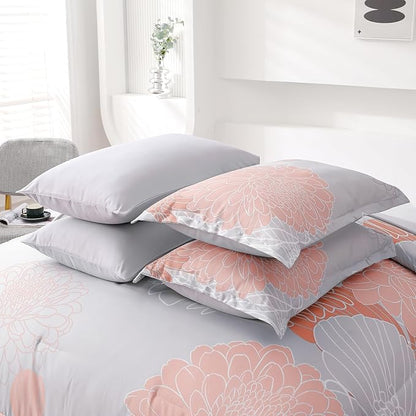 Yiran 7 Pieces Blush Grey Comforter Set Floral Bed in a Bag Soft Microfiber Comforter Bedding Set Queen Size 90"×90"(1 Comforter,2 Pillowcases,2 Pillow Shams,1 Flat Sheet,1 Fitted Sheet)