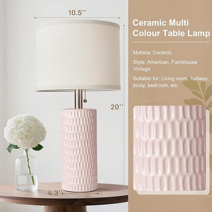 20.5" Modern Ceramic Table Lamps for Bedroom Set of 2, Bedside Lamps for Night Stands with Beige Lampshade, Farmhouse Table Lamp for Living Room Office Dorm, Pink