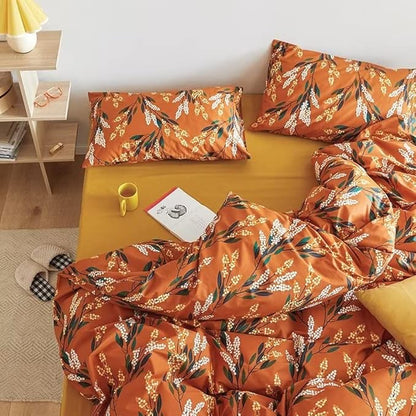 Luxlovery Floral Comforter Set King Botanical Orange Bohemian Bedding Comforter Set Women Girls Vintage Style Blanket Quilts Breathable Modern Rustic Leaves Bedding Set Hotel Quality King Comforter