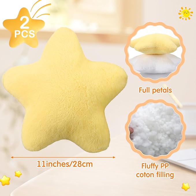 2 Pcs 11 Inch Star Pillow Decorative Star Shaped Throw Pillow Gift Cute Aesthetic Soft Plush Floor Cushions Room Decor for Bedroom Living Room Sofa Bed(Yellow, White)