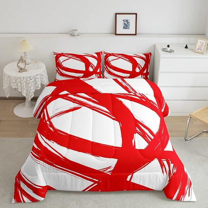 Red and White Striped Bedding Set Full Size for Adults Youth Teens,Contemporary Boho Modern Art Comforter Set,Graffiti Stripes Lines Quilt,Aesthetic Geometric Duvet Insert for Minimalists
