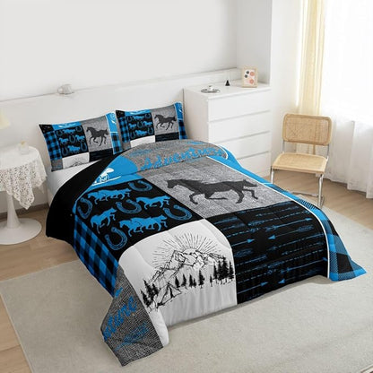 Erosebridal Horse Quilt for Teens, Western Cowboys Cowgirls Comforter Set Full, Vintage Riding Boots Farm Animal Bedding Set Rustic Southwestern Horseshoe Duvet Sets Cabin Lodge Room Decor, Blue