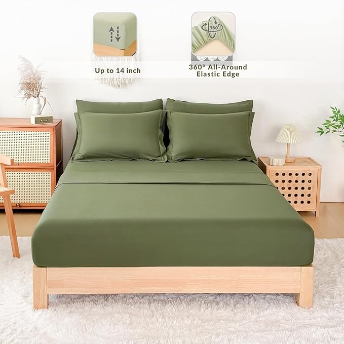 King Comforter Duvet Cover Set Olive Green - 7-Piece Bed in a Bag, Double Brushed Micorfiber All-Season Soft Bedding with Sheets & Envelope Pillowcases (102"x90",King)