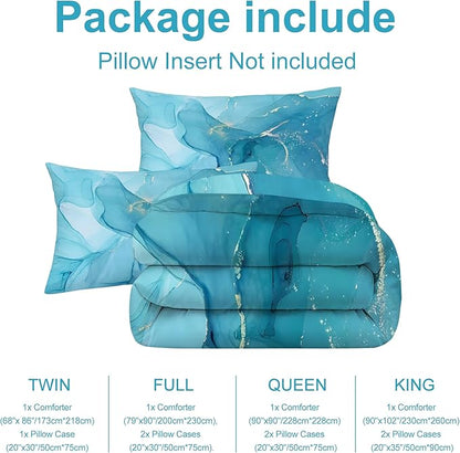 Blue Marble Printed Comforter Sets Queen Size, Retro Style Watercolor Artwork Design for Bedroom Decor, Bed Comforter for Girls Women and Men with 2 Pillowcases