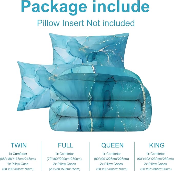 Blue Marble Comforter Set Kids Boys Girls Comforter Set Full Blue and Gold Marble Bedding Set for Men Women Bedroom Decor Abstract Bed Set with 1 Comforter & 2 Pillow Cases