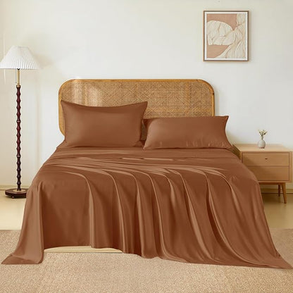 THXSILK Luxury Mulberry Silk Bed Sheets Set - 4pcs Silk Sheets Set 16" Deep Pocket - 1 Fitted Sheet, 1 Flat Sheet, 2 Pillowcases with Zipper Closure - Full, Brown