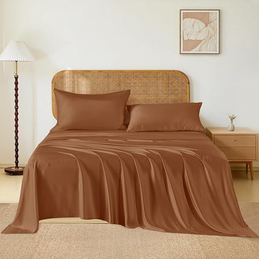 THXSILK Luxury Mulberry Silk Bed Sheets Set - 4pcs Silk Sheets Set 16" Deep Pocket - 1 Fitted Sheet, 1 Flat Sheet, 2 Pillowcases with Zipper Closure - Full, Brown