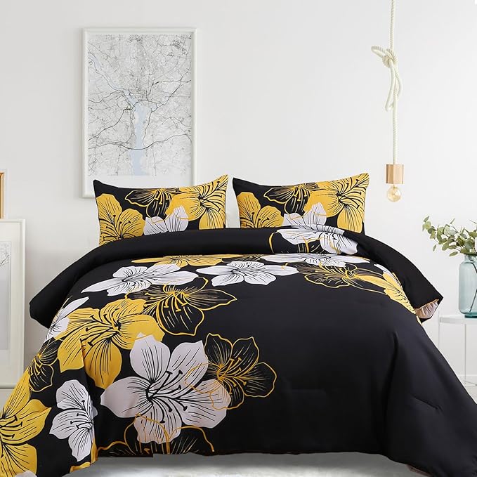 Menghomeus King Size Comforter Set Black/Gold Floral Bedding Comforter Sets Soft Microfiber Bed Comforter Set for All Season 3 Piece Botanical Flowers Comforter, Pillowcases