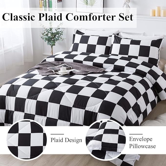 Andency Checkered Comforter Twin(66x90Inch), Black White Plaid Gingham Bed Set for Teen Boys Kids, Lightweight Microfiber Geometric Preppy Bedding, 2 Pieces