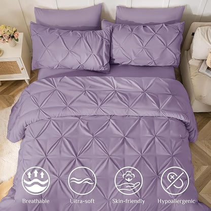 JOLLYVOGUE Queen Comforter Set 7 Pieces - Bed in a Bag Queen for All Season, Pintuck Bedding Comforter Sets with Comforter, Flat Sheet, Fitted Sheet and Pillowcases & Shams, Purple
