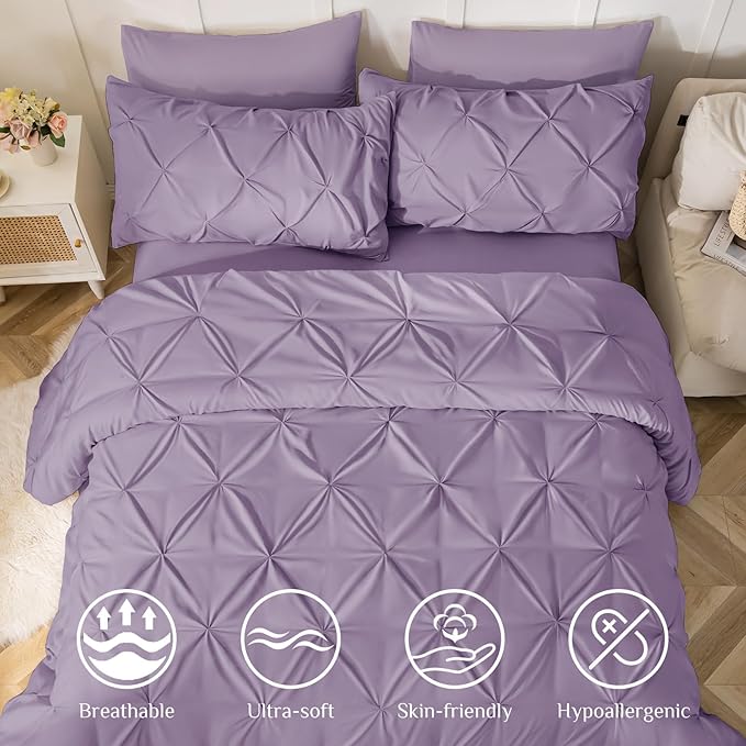 JOLLYVOGUE Full Size Comforter Sets 7 Pieces - Bed in a Bag Full for All Season, Pintuck Bedding Comforter Sets with Comforter, Flat Sheet, Fitted Sheet and Pillowcases & Shams, Purple