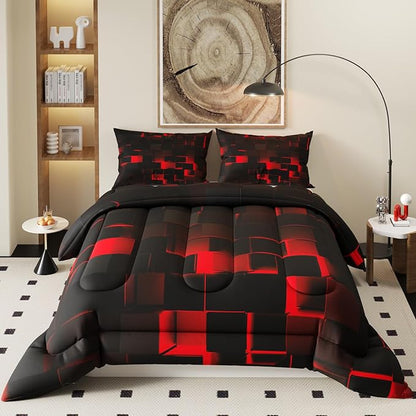 Red Black Comforter Set, Light Honeycomb Theme 3D Pattern for Kids Teens Adults,Decorative Bedding Comforter Sets with 2 Pillow Shams, Queen Size