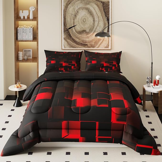Red Black Comforter Set, Light Honeycomb Theme 3D Pattern for Kids Teens Adults,Decorative Bedding Comforter Sets with 2 Pillow Shams, Full Size