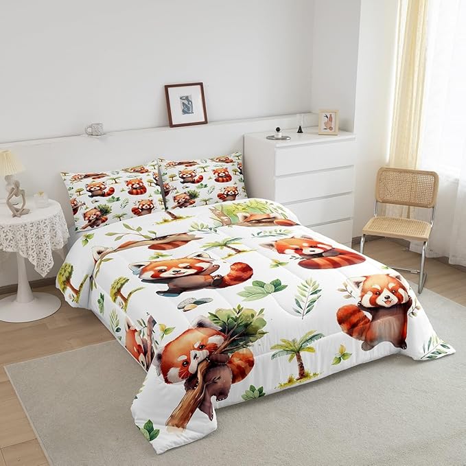 Manfei Cute Raccoon Kids Comforter Sets Full Size,Cartoon Animal Bear Bedding Comforter Sets,Botanical Plants Quilt Sets for Boys Adult Bedroom Decor,Lovely Raccoon Duvet Insert with 2 Pillowcases
