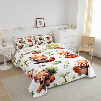 Manfei Cute Raccoon Kids Comforter Sets Toddler Size,Cartoon Animal Bear Bedding Comforter Sets,Botanical Plants Quilt Sets for Boys Adult Bedroom Decor,Lovely Raccoon Duvet Insert with 1 Pillowcase