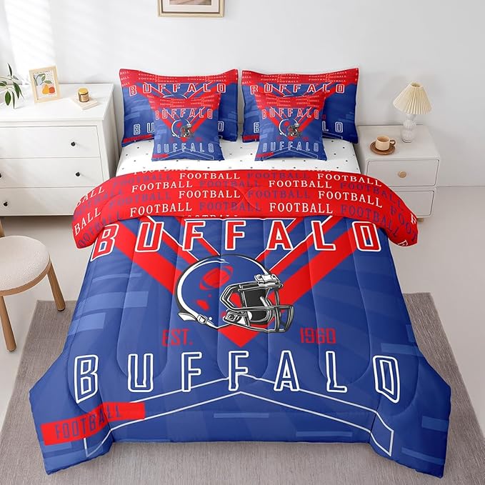 Feelyou Football 7 Pieces Comforter Sets Full Size Rugby Sports Bedding Set for All Season Football City Bed in a Bag with Comforter, Sheets, Pillowcases & Cushion Cover