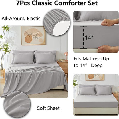 CozyLux King Size Comforter Set French Grey - 7 Pieces Bed in a Bag King, Luxury Soft Bed Set for All Seasons, Bedding Set with Down Alternative Comforter, Sheets, Pillowcases & Shams