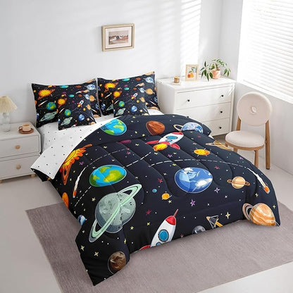 Erosebridal 7 Pcs Galaxy Comforter Set Twin Size,Cartoon Out Space Planet Bed in a Bag with Flat Fitted Sheet for Kids and Adults,Stars Sun Earth Bedding Set with Pillowcases and Cushion Cases