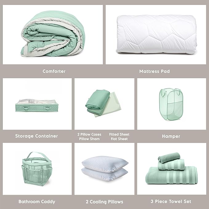Hearth & Harbor Complete Dorm Room Set, Twin XL Comforter Set, Sheet Set, Pillows, Mattress Protector, Towels and Organizers - All Dorm Accessories Included