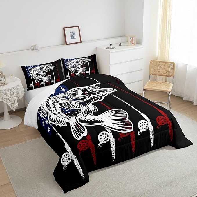 Big Pike Fish Bedding Set Bass Fish American Flag Comforter Set Hunting and Fishing Pattern Duvet Insert for Kids Boys Girls Teens Farmhouse Pike Fishing Quilt Red Blue Stripe Comforter King Size