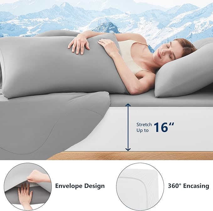 Cooling Comforter Set King- White Reversible Cooling Comforter Set with Sheets - Soft Breath Comforter 4pcs Set (Comforter+Fitted Sheets+2Pillowcases)