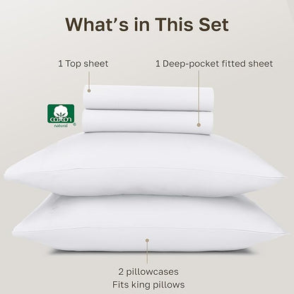 100% Egyptian Cotton Bed Sheets, California King Sheets Set, Certified Authentic Luxury Bedding Sheets & Pillowcases Set, Deep Pocket, Breathable Sateen Sheets for Hot Sleepers, White Sheets Set