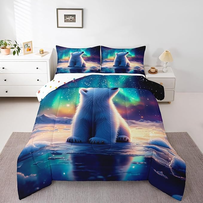Manfei Kawaii Polar Bear Comforter Full for Kids Adults Youth,Aurora Neon Colorful Galaxy Sky Quilt Comforter Room DecorCartoon Little Bear Wildlife Quilted Duvet Duvet Insert,2 Pillowcases