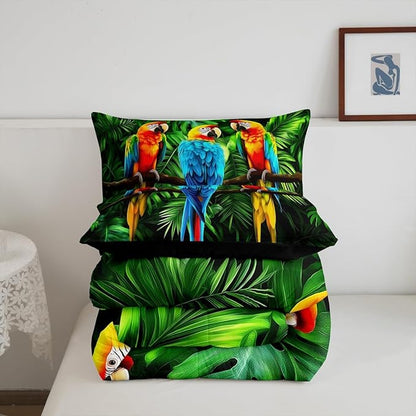 Erosebridal Parrot Bedding King Size,Watercolor Animal Feather Down Comforter,Palm Leaf Comforter Set for Kid Teens Boys Man,Modern Tropical Plant Birds Bedroom Decor 3 Pcs Bedding Set