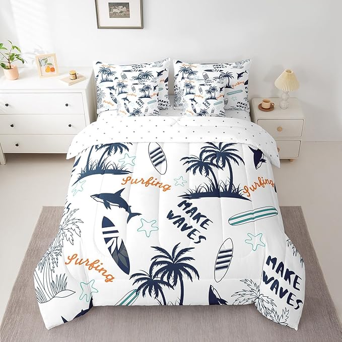 Feelyou Ocean Beach Comforter Set King Size 7 Pcs Kids Summer Tropical Comforter Bed in a Bag Shark Palm Tree Bedding Set for Boys Girls Teens Surfing Bed Set with Sheets, Pillowcases, Pillow Covers