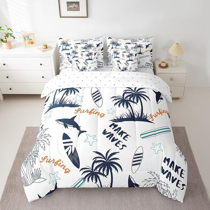 Feelyou Ocean Beach Comforter Set King Size 7 Pcs Kids Summer Tropical Comforter Bed in a Bag Shark Palm Tree Bedding Set for Boys Girls Teens Surfing Bed Set with Sheets, Pillowcases, Pillow Covers