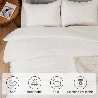 BEDELITE Faux Fur Fleece Queen Comforter Set - Fluffy & Warm Cream White Comforter Queen Size，Ultra Soft and Cozy Winter Bedding Set,Fuzzy Thick Bed Set,1 Comforter and 2 Pillowcases