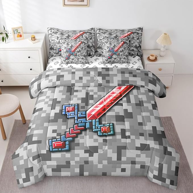 Castle Fairy Red Blue Sword 7 Piece Comforter Sets King Size,Geometric Grey Grid All Season Reversible Bed in a Bag Miner Theme Bedding Sets Pixel Video Games Flat Sheet,Fitted Sheet,Pillowcases
