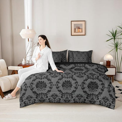 Erosebridal Charcoal Grey and Black Damask Queen Comforter Set with Sheets | Antique Decor Gothic Vintage Floral 7-Piece Bedding Set Boho Baroque Bed in a Bag, Luxury Bohemian Bed Sets