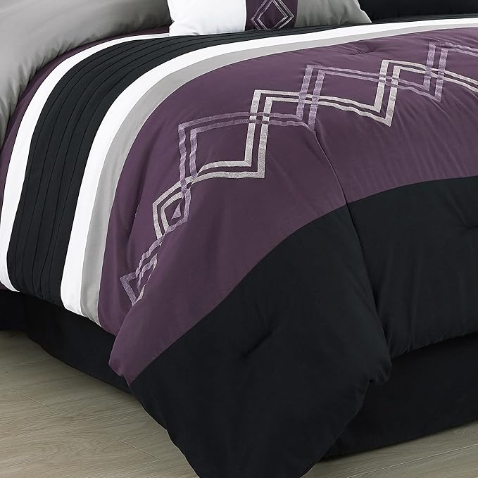 Chezmoi Collection Arden 7-Piece Modern Pleated Stripe Embroidered Zigzag Bedding Comforter Set (Full, Purple/Black/Gray/White)