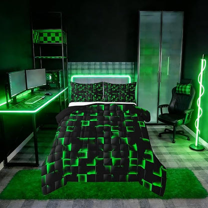 Erosebridal Neon Black Green Boys Comforter Set King Size Geometric Checkered Bedding Set for Kids Teen Men Gaming Room Decor,Abstract Ombre Plaid Comforter Grids Quilt Duvet
