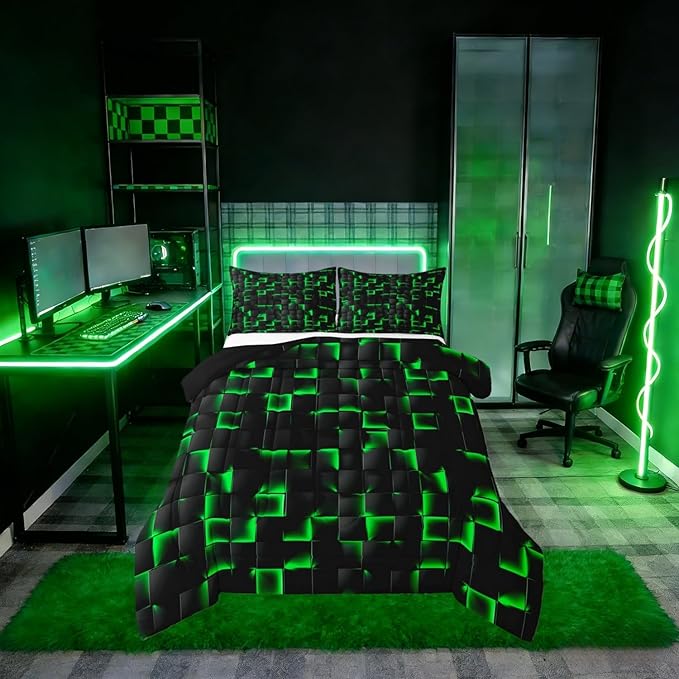 Erosebridal Neon Black Green Boys Comforter Set Full Size Geometric Checkered Bedding Set for Kids Teen Men Gaming Room Decor,Abstract Ombre Plaid Comforter Grids Quilt Duvet