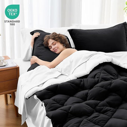 MUXHOMO 7 Pieces King Comforter Set, Reversible Bed in a Bag King Size, All Season Bedding Set with Comforter, Flat Sheet, Fitted Sheet, Pillowcases & Shams, Black & White
