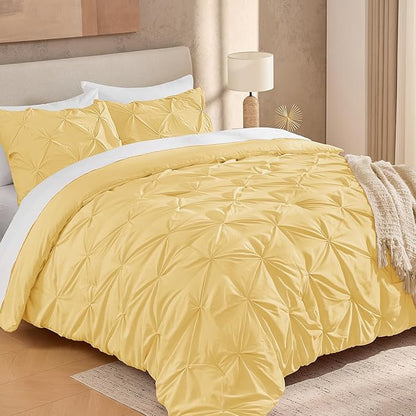 Andency Yellow Pinch Pleated Comforter King(104x90Inch), 3 Pieces (1 Pintuck Comforter, 2 Pillowcases) Pintuck Comforter Set,Microfiber Down Alternative Comforter Bedding Set