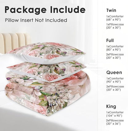 Comforter Set King Size, Floral Rose Lilac 3 Pcs Soft Bedding Set for Kids and Adults, Green Leaves Botanical Comforter Set with 2 Pillowcases, for Bedroom Bed Decor