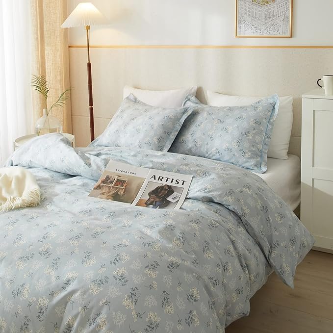 mixinni 3pcs Boho Floral Comforter Set Twin/Twin XL Size, Botanical Blue Flowers Leaves Cute Bedding Comforter Sets for Women, 1 Soft Garden Style Comforter and 2 Pillowcases for All Seasons
