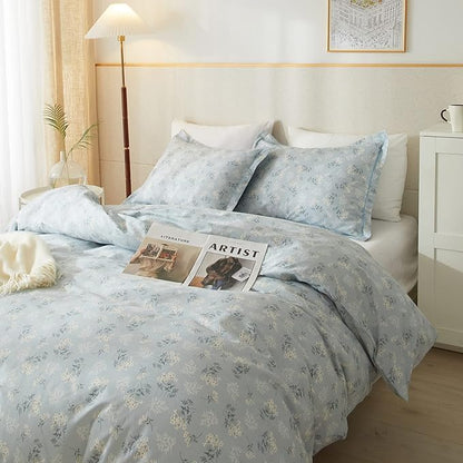 mixinni 3pcs Boho Floral Comforter Set Twin/Twin XL Size, Botanical Blue Flowers Leaves Cute Bedding Comforter Sets for Women, 1 Soft Garden Style Comforter and 2 Pillowcases for All Seasons