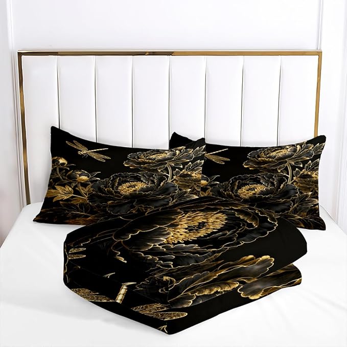 Black Floral Comforter Set Queen 3 Pieces Elegant Flower Printed Bedding Set Soft Microfiber Down Alternative Comforter with 2 Pillowcases