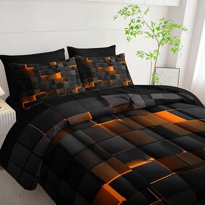 Geometric Yellow Black Queen Comforter Set,Light Honeycomb Bedding Set 7 Piece in A Bag,Bed Sheet Set Geometry Decor,Microfiber Lightweight All Season
