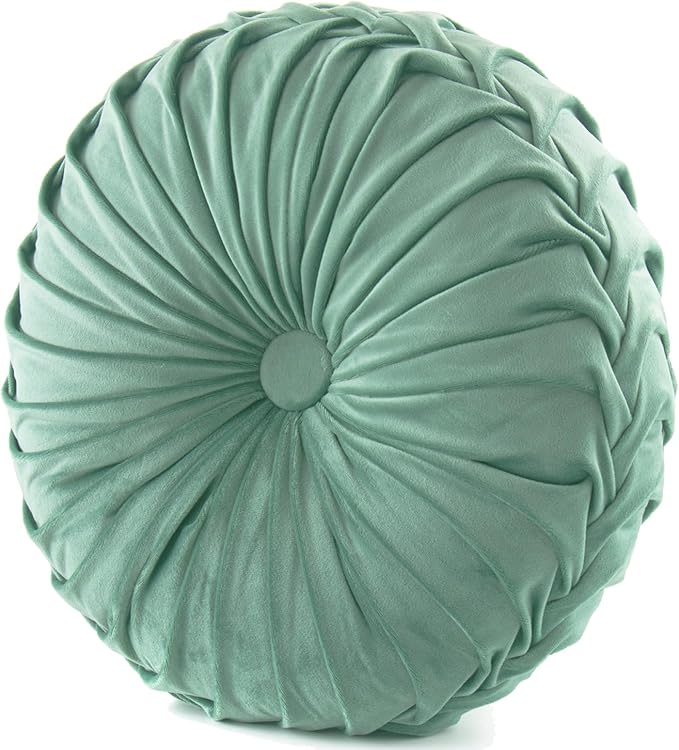 Round Throw Pillow Velvet Home Decoration Soft Pleated Pumpkin Round Floor Cushion for Couch Chair Bed Car Decorative (Light Green14inch)