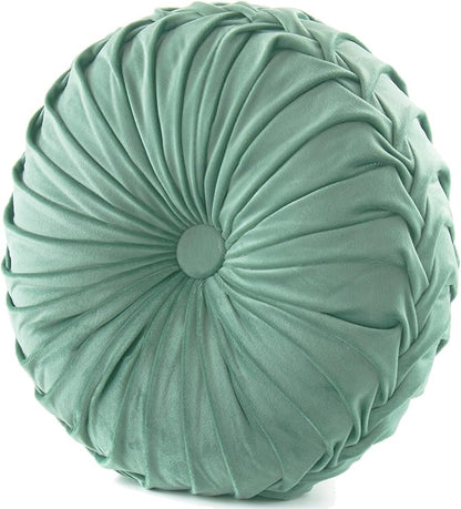 Round Throw Pillow Velvet Home Decoration Soft Pleated Pumpkin Round Floor Cushion for Couch Chair Bed Car Decorative (Light Green14inch)