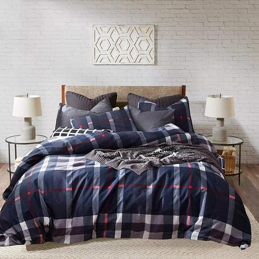 KAREVER Navy Plaid Comforter Set Queen Checkered Bedding Set Navy Blue Tartan Grid Comforter Striped for Women Adult Navy Blue Checkered Blanket Set Dark Navy Queen Bed Comforter Set