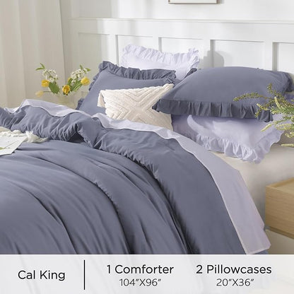 Andency Dark Blue Grey California King Comforter Set, 3 Pieces Shabby Chic Ruffle Solid Cal King Bedding Sets, Oversized All Season Soft Lightweight Down Alternative Bed Set for Adults Men Women