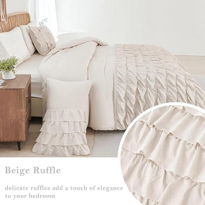 PERFEMET Twin Comforter Set 3 Pieces Beige Ruffled Comforter Set Shabby Chic Bedding Sets for Women Teen Girls Fluffy for All Season