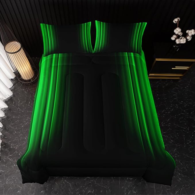 Green and Black Bedding Set Full Size Abstract Ombre Comforter Set for Teen Boys, Mordern Bedding Set 3 Piece in A Bag,Dark Quilt Set Mordern Art Decor Lightweight All Seasons with Pillowcases